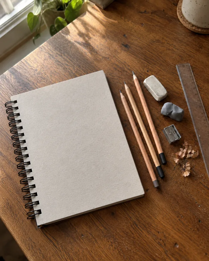 A flat-lay of the recommended pencils, erasers, sharpener, ruler, and sketchbook on a wooden desk