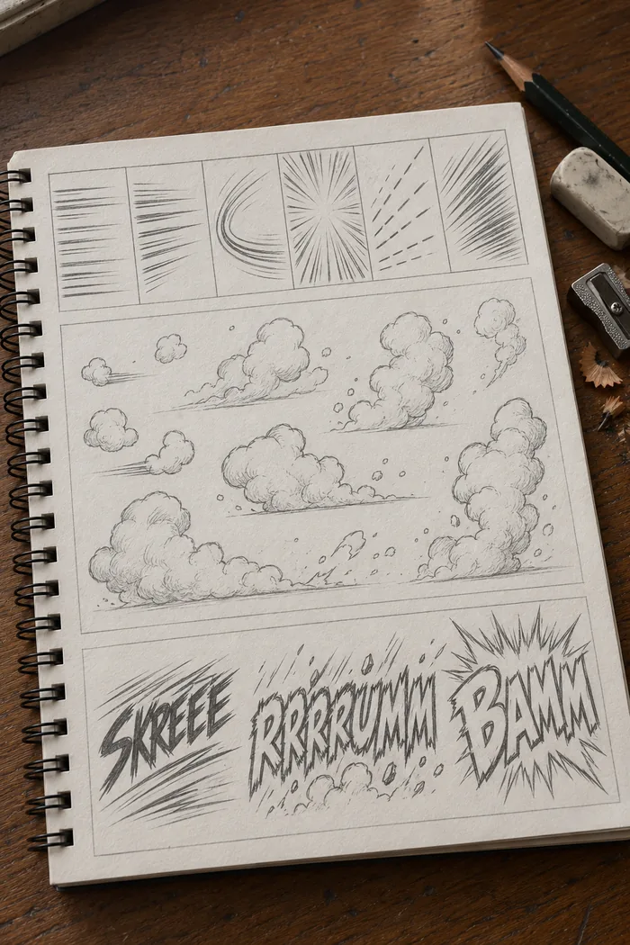 A single printable reference page showing speed line styles, dust cloud shapes, and a full comic SFX alphabet