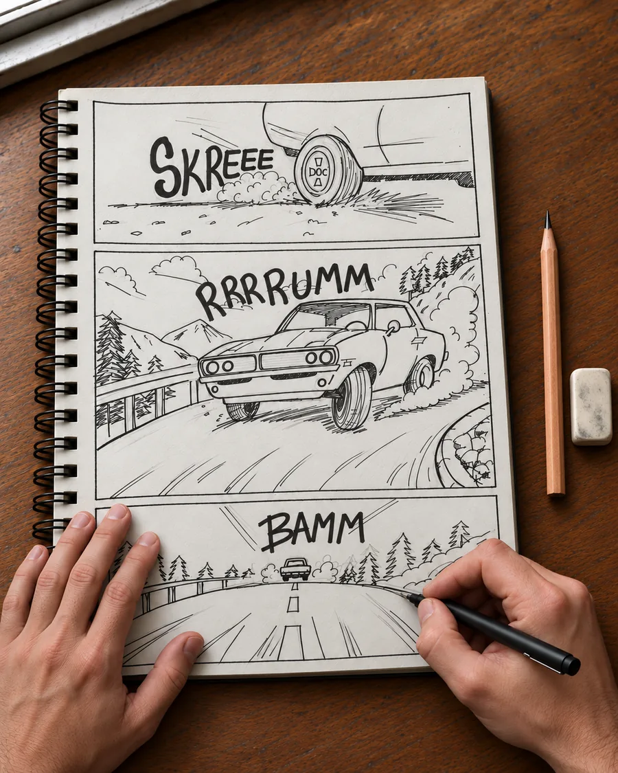 The finished, inked three-panel chase page with pen in hand: a screeching tire close-up up top, a classic muscle car roaring around a mountain curve in the center, and the car blasting away down a pine-lined highway at the bottom, complete with SKREEE, RRRRUMM, and BAMM lettering.