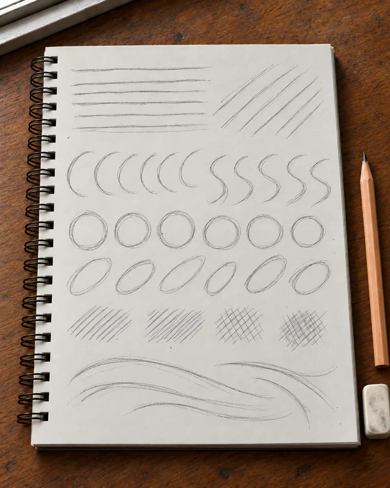 A practice page of straight strokes, curves, circles, ellipses, hatching swatches and flowing lines