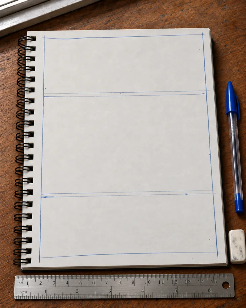 A clean sketchbook page divided into three ruled panels in blue, a ruler and blue pen beside it
