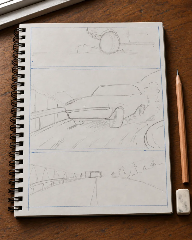 All three panels sketched in light, loose pencil: the tire, the car on the curve, and the road with a distant car