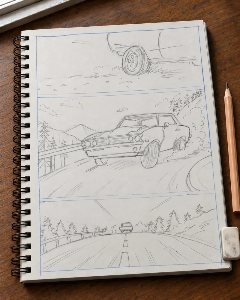 The same page refined in pencil: detailed car, spoked wheels, headlights, pine trees, mountains, guardrail and dust clouds