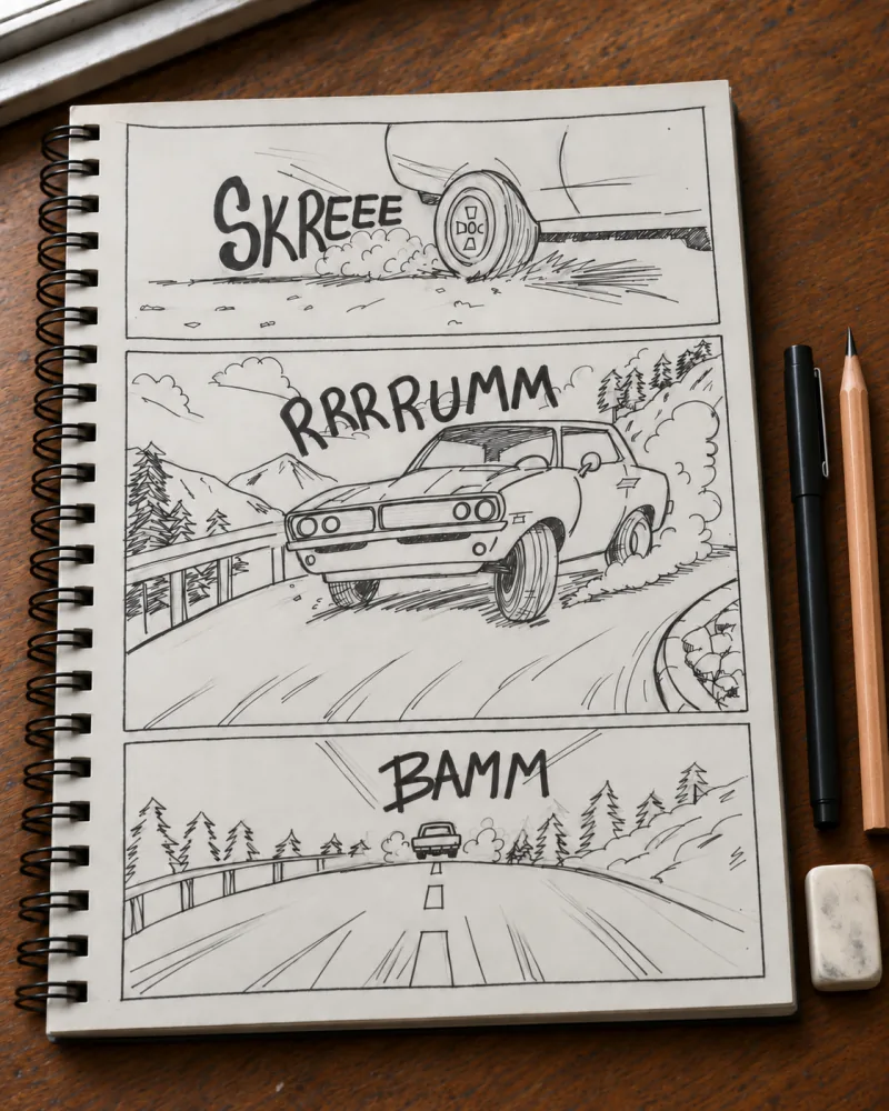 The finished page inked in black pen, pencil erased, with SKREEE, RRRRUMM and BAMM lettered across the panels