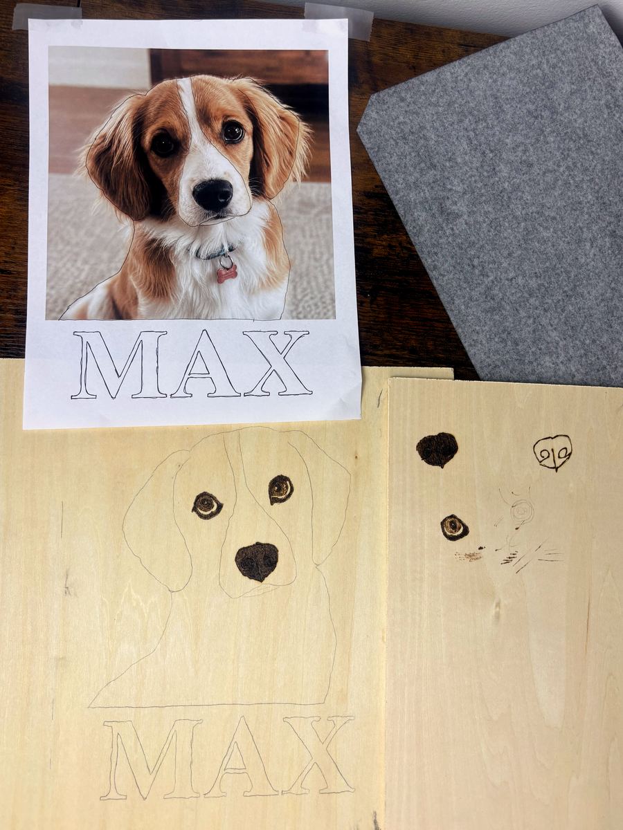 A feature-study board with a burned eye, nose, and muzzle study beside the final board where the face is coming alive